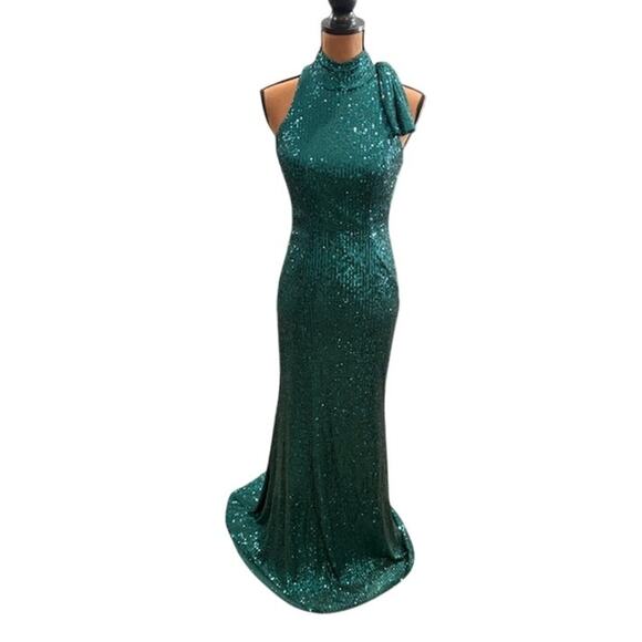 Mac Duggal Sequined Soft Tie Halter Neck Column Gown in Teal – NWT – SZ 2 - Picture 4 of 13